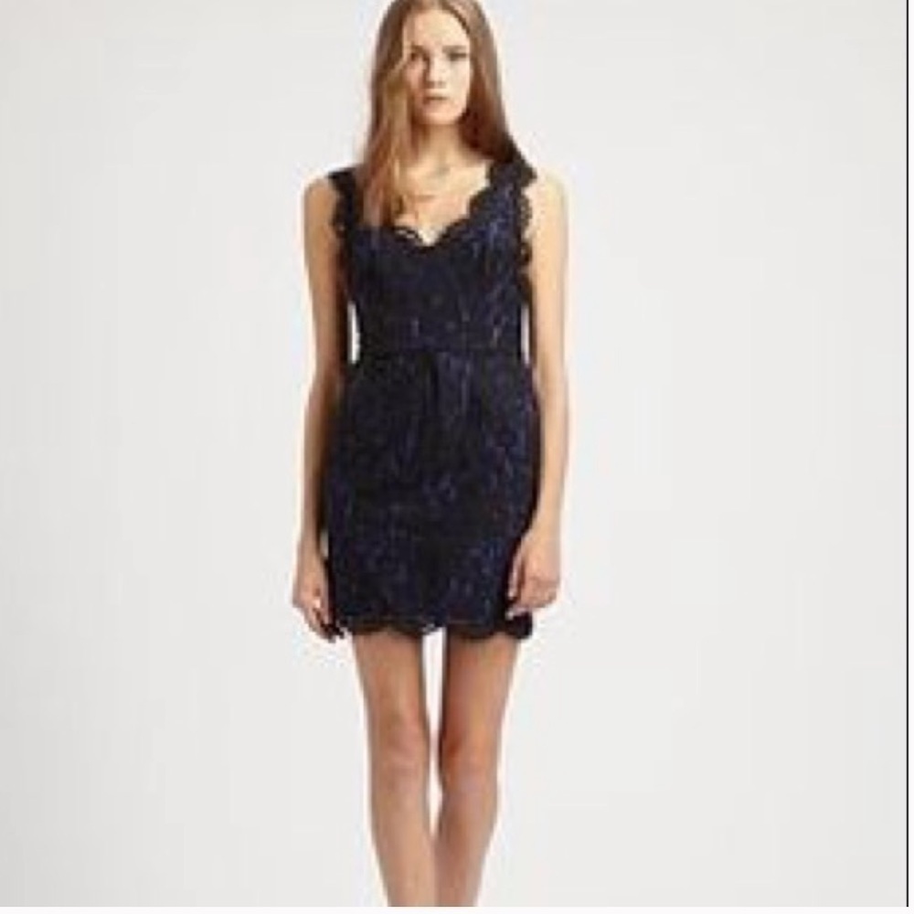 Josie cocktail mini dress black lace over blue size large